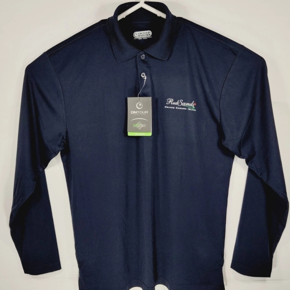 NWT On Tour Mens Medium Long Sleeve Golf Shirt Polo Blue Red Sands Golf PEI